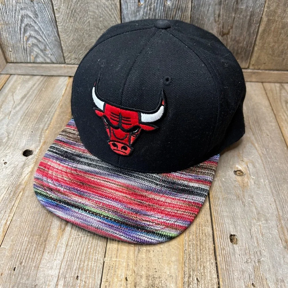 Mitchell & Ness‎ Chicago Bulls Snapback Hat Black Multi Color Baja Stripe Brim
